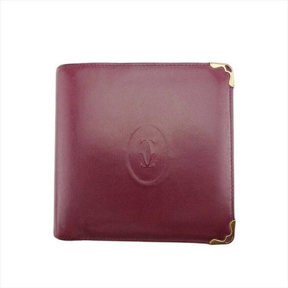 Authenticity guaranteed USED Cartier Bi -fold Wallet Bordeaux x Leather x Gold - Picture 1 of 11